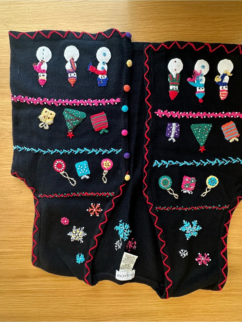 White Stag Black Embroidered Holiday Vest with Multicolor Appliqués